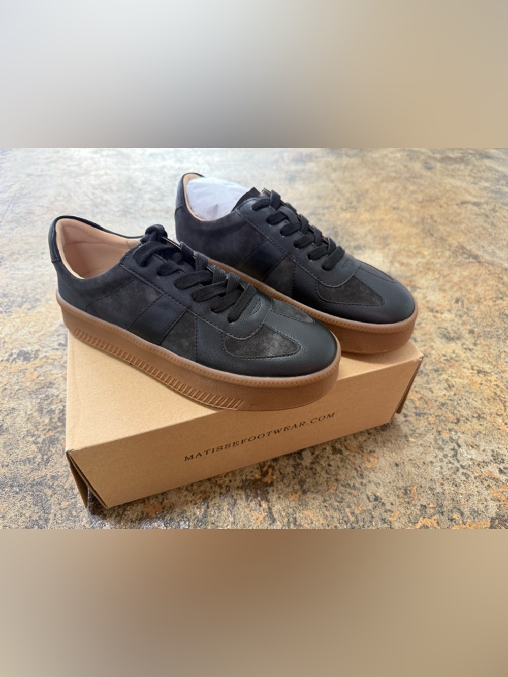 Matisse Black Leather & Suede Sneakers with Brown Gum Sole